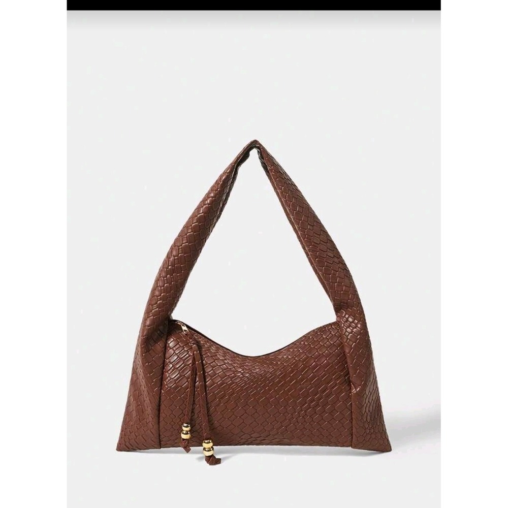 Brown Woven Vegan Leather Hobo Shoulder Bag Slouchy Tassel Zipper Tote